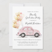 卒業式パーティーによるピンクの水彩車のドライブ 招待状 (正面)