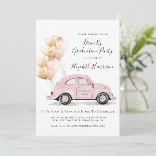 卒業式パーティーによるピンクの水彩車のドライブ 招待状 (スタンド正面)
