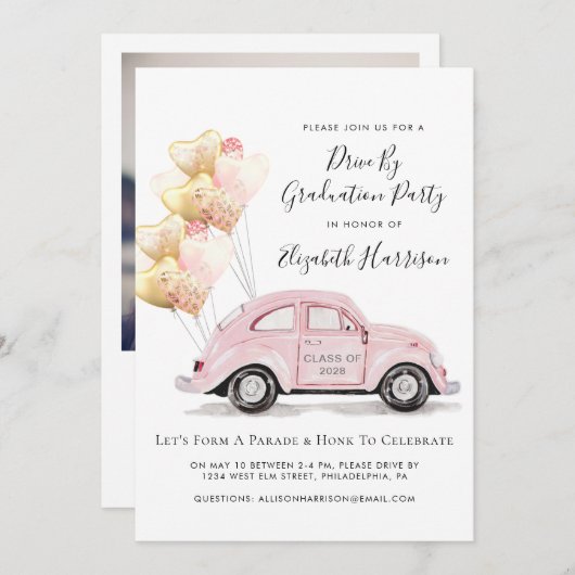 卒業式パーティーによるピンクの水彩車のドライブ 招待状 (正面/裏面)