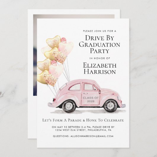 卒業式パーティーによるピンク色の車のドライブ 招待状 (正面/裏面)