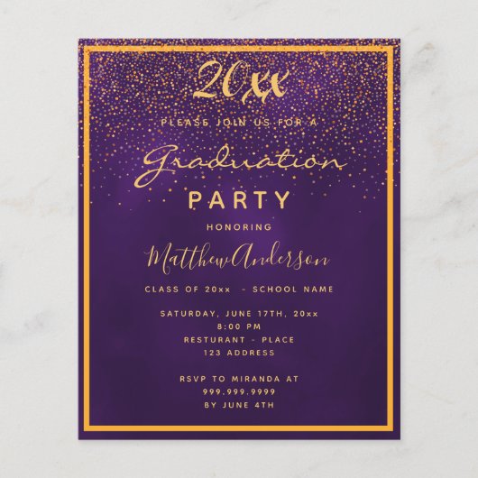 卒業式パーティーのパープル予算の招待 チラシ (正面)