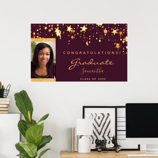 卒業式パーティーのブルゴーニュ金ゴールドの星写真 ポスター (ホームオフィス)