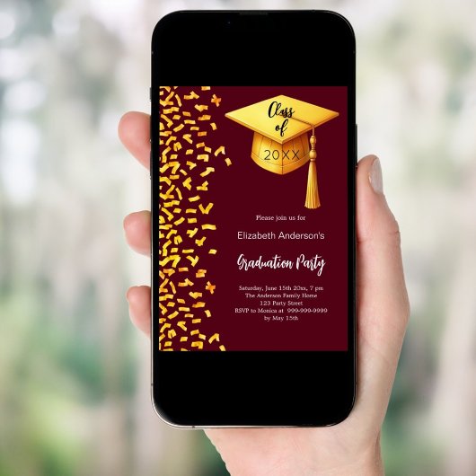 卒業式パーティーのブルゴーニュ金ゴールド紙吹雪 招待状