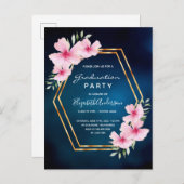 卒業式パーティーのブルーピンク花模様の招待 ポストカード (正面/裏面)
