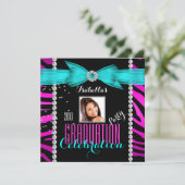 卒業式パーティーグラードピンクティール(緑がかった色)ブルーゼブラフォト 招待状 (スタンド正面)