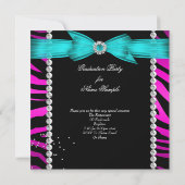 卒業式パーティーグラードピンクティール(緑がかった色)ブルーゼブラフォト 招待状 (裏面)