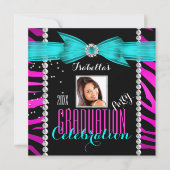 卒業式パーティーグラードピンクティール(緑がかった色)ブルーゼブラフォト 招待状 (正面)