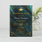 卒業式パーティースパークルティール（緑がかった色）サテンフローリッシュフレーム 招待状 (スタンド正面)