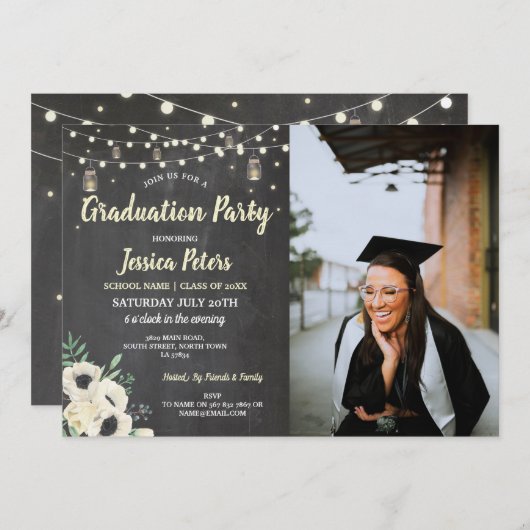 卒業式パーティーチョークジャース素朴ホタル写真 招待状 (正面/裏面)