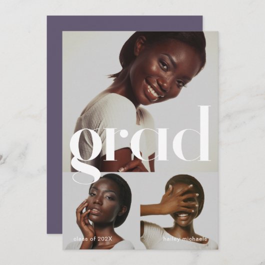 卒業式パーティーパープルフォトコラージュ 招待状 (正面/裏面)