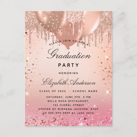 卒業式パーティーピンクローズ金ゴールドバルーン インビテーションポストカード (正面)