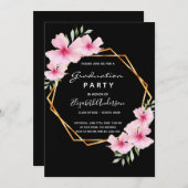 卒業式パーティーブラックピンク花模様 招待状 (正面/裏面)