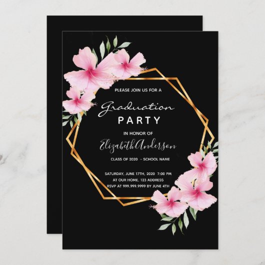 卒業式パーティーブラックピンク花模様 招待状