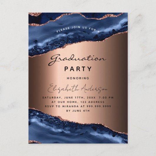 卒業式パーティーブルーゲート大理石バラ金ゴールド 案内ポストカード (正面)