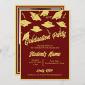 卒業式パーティー写真マルーンと金ゴールドモルタルボード 招待状 (正面/裏面)