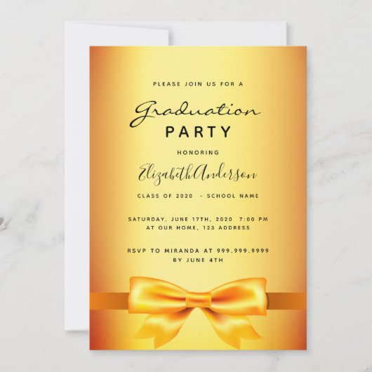 卒業式パーティー金ゴールド弓女 招待状 (正面)