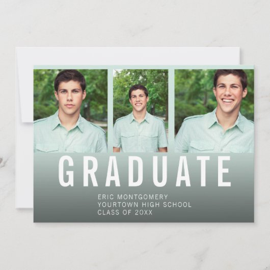 卒業式パーティー3フォトブルーグラデーショングリーン' 招待状 (正面)