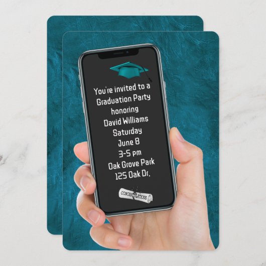卒業式パーティ文字メッセージティール（緑がかった色）レザー 招待状 (正面/裏面)