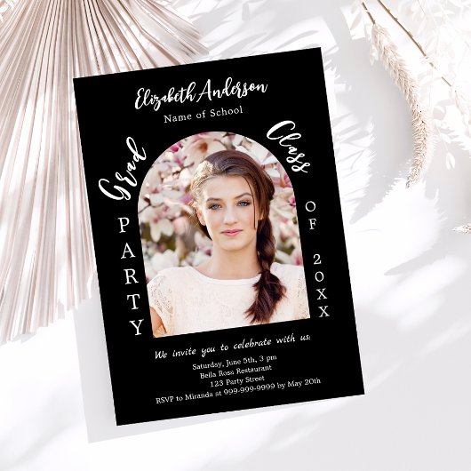 卒業式パーティ白黒アーチ写真クラス2025 招待状