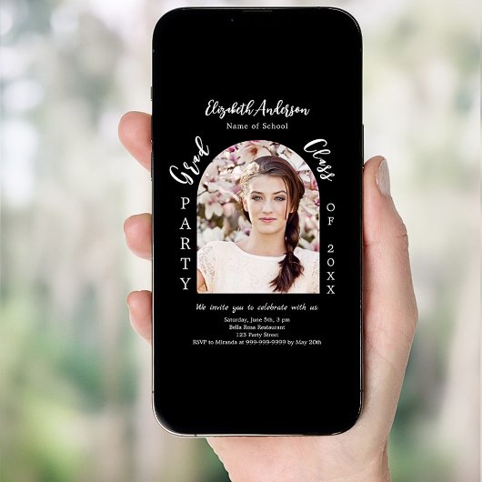 卒業式パーティ白黒アーチ写真クラス2025 招待状