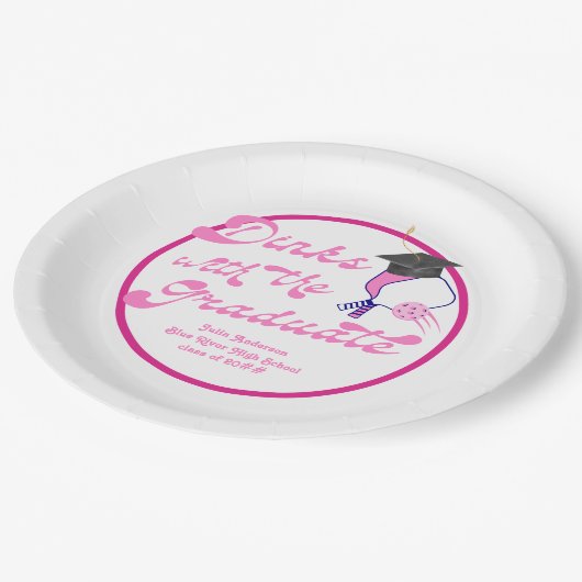 卒業式ピンクのピックボールとディンク ペーパープレート (アングル)