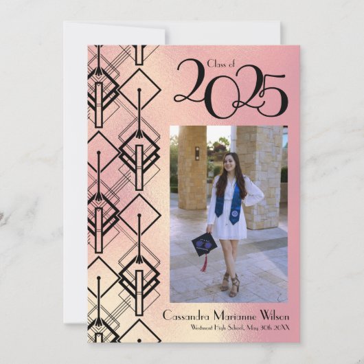 卒業式ピンクアールデコブラック発表 招待状 (正面)