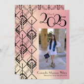 卒業式ピンクアールデコブラック発表 招待状 (正面/裏面)