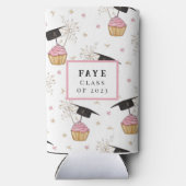 卒業式ピンクカップケパーソナライズされたーキ スリム缶クーラー (裏面)