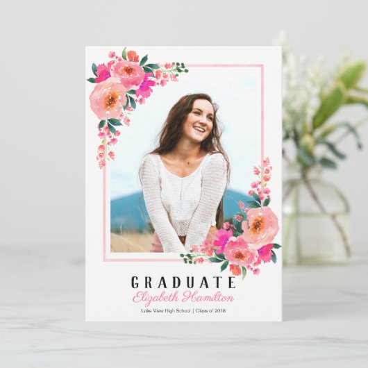 卒業式ピンクフローラフレーム卒業パーティー写真 招待状 (スタンド正面)