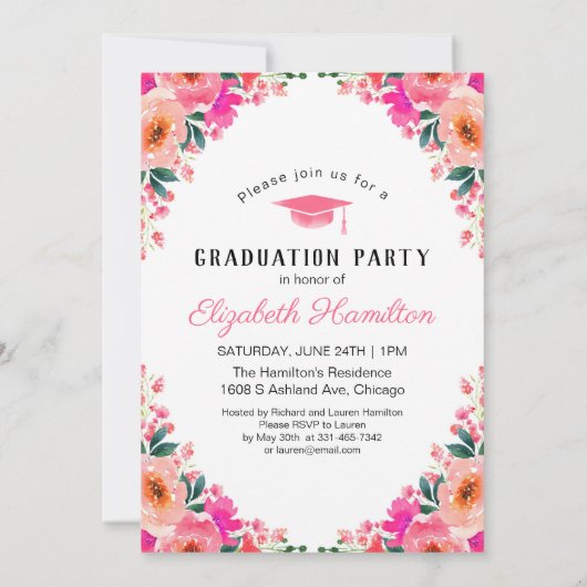 卒業式ピンクフローラフレーム卒業パーティー写真 招待状 (裏面)