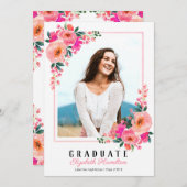 卒業式ピンクフローラフレーム卒業パーティー写真 招待状 (正面/裏面)
