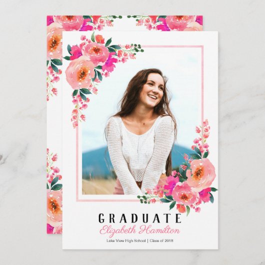 卒業式ピンクフローラフレーム卒業パーティー写真 招待状 (正面/裏面)