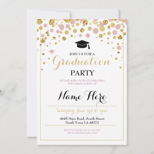 卒業式ピンク金ゴールドガールズパーティー卒業招待状 招待状 (正面)