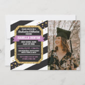 卒業式ピンク金ゴールドフォトストライプグリッター招待状 招待状 (正面)