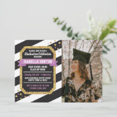 卒業式ピンク金ゴールドフォトストライプグリッター招待状 招待状 (スタンド正面)