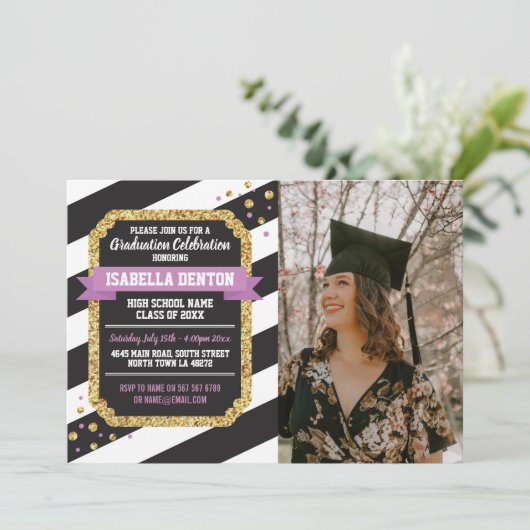 卒業式ピンク金ゴールドフォトストライプグリッター招待状 招待状 (スタンド正面)