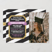 卒業式ピンク金ゴールドフォトストライプグリッター招待状 招待状 (正面/裏面)