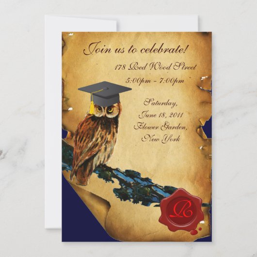 卒業式フクロウ羊皮紙および赤ワックスシールモノグラム 招待状 (裏面)