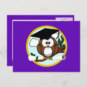 卒業式フクロウ(キャップ&ディプロマ付き) – 紫と金ゴールド 案内ポストカード (正面/裏面)