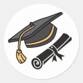 卒業式ブラックキャップと卒業証書 ラウンドシール (正面)