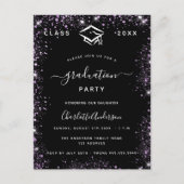 卒業式ブラックパープルバイオレットグリッターグラマラス インビテーションポストカード (正面)