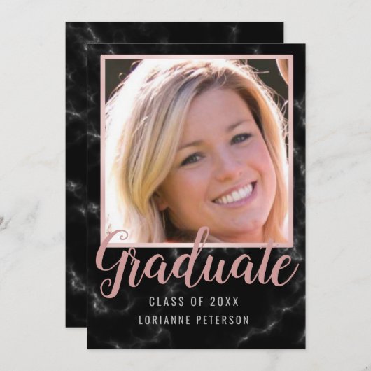 卒業式ブラックマーブルバラスクリプトフォト 案内状 (正面/裏面)