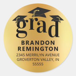 卒業式ブラック金ゴールドグラッドキャップ差出人住所 ラウンドシール