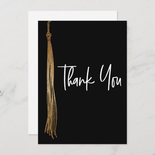卒業式ブラック金ゴールドタッセルモダン手書 サンキューカード (正面/裏面)
