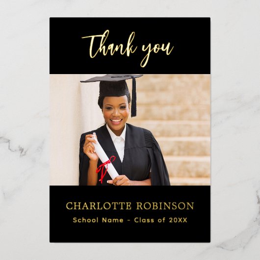 卒業式ブラック金ゴールドフォトフォイルサンキューカード 箔招待状 (正面)
