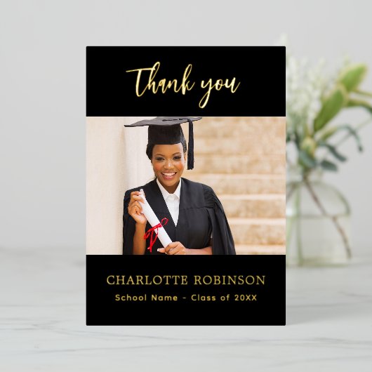 卒業式ブラック金ゴールドフォトフォイルサンキューカード 箔招待状 (立ち正面)