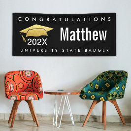 卒業式ブラック金ゴールドモダンキャップはっきりしたシンプルタイプ 横断幕