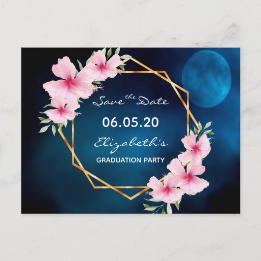 卒業式ブルーピンクの花日付を保存 ポストカード (正面)