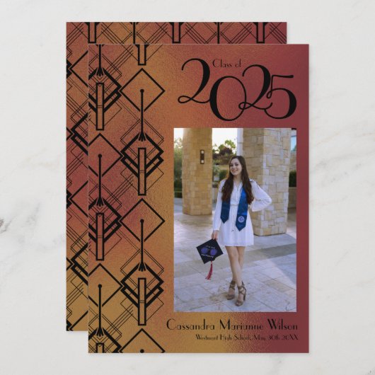 卒業式ブロンズアールデコブラックアナウンス 招待状 (正面/裏面)