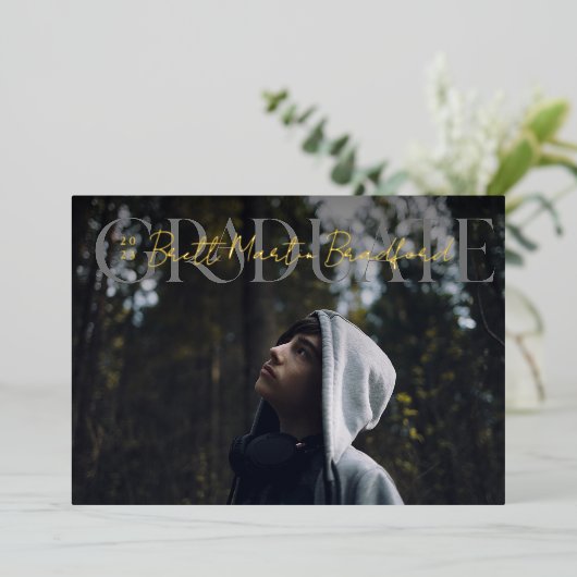 卒業式ミュートされたセリフの卒業写真 箔招待状 (立ち正面)